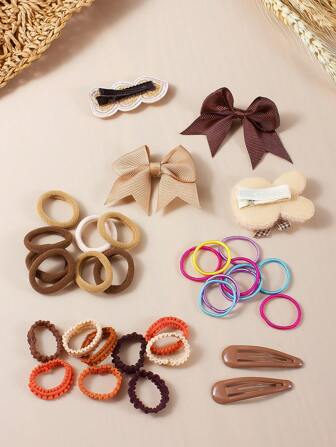218 st Girl's Cute Coffee Color Hår Scrunchies, Hårklämmor, Kanin Öron & Rosett Håraccessoarer, Hårband, Hår Blommor & Clips Collection Set For Kids