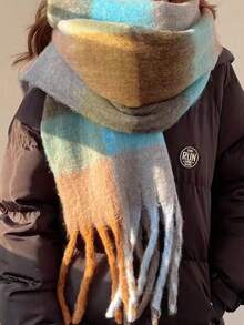 1 件女士时尚围巾，秋冬季保暖加厚围巾，韩式氛围围巾，蓝色披肩，适合学生、情侣、格子外套户外旅行，时尚配饰，礼物 - 彩色 - 查看 14