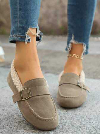 2024 New Women Flat Shoes Round Toe Buckle Strap Casual Loafers, Warm Thermal Lined Soft Bottom Comfortable Slip-On Slouchy Shoes For Winter