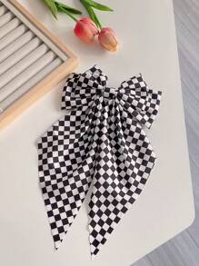 1pc Kids' Black & White Checkerboard Spring Clip Bow Hairclip Checkerboard Big Bowknot Hair Accessory