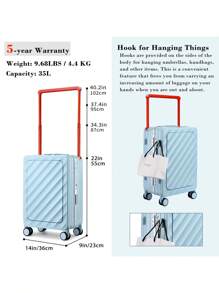 Sea Choice 55cm Carry On Luggage With Front Laptop Compartment Lock Pocket Hard Shell PC Aluminum Frame Closure Spinner Travel Trolley With YKK Zipper TSA Lock - Blue - View 4