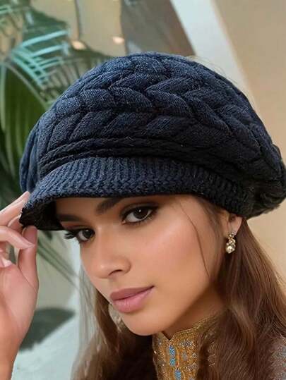 1 pieza Gorro tipo beanie cálido y de moda con borde corto para mujer en invierno - Gorro tipo beanie holgado de punto y textura para esquí y ciclismo