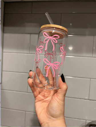 1pc 480ml Cute Bow Cup Set With Bamboo Lid And Straw, Holiday Gift For Friends Santa Claus, Christmas Gifts,