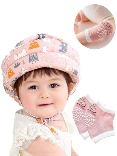 1 Set Casco y rodilleras antideslizantes para bebé, infante y niño pequeño para aprender a caminar, gatear, correr y jugar sin golpes en la cabeza