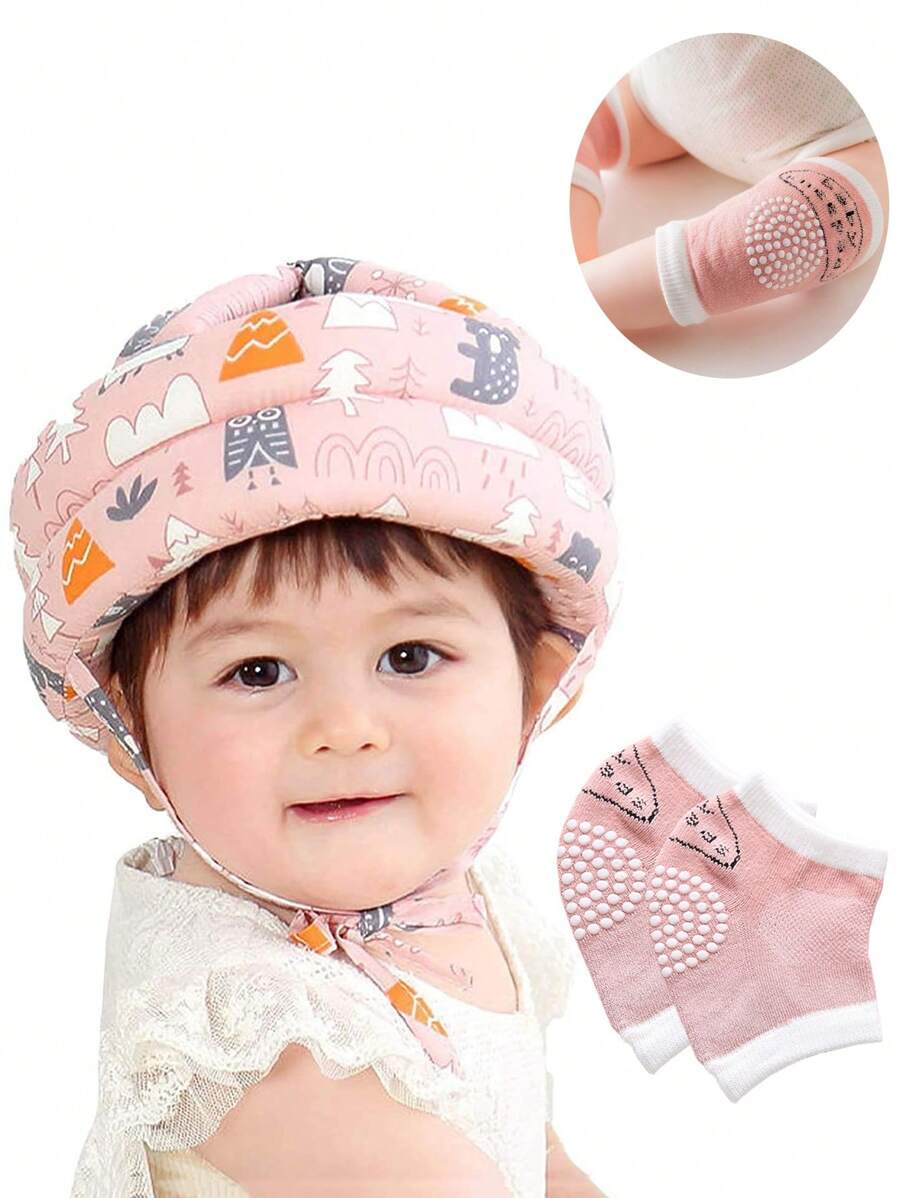 一套婴儿幼儿头盔和防滑护膝，适合学习走路、爬行、跑步和玩耍，护膝可防止头部受伤。 - 粉色 - 查看 1