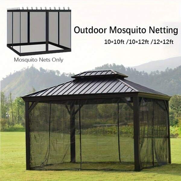 1 Pcs Outdoor Mosquito Netting With Slip Rings, Black Nylon Mesh Screen With Anti-Insect Protection, 4-Door Zipper, Easy To Install, Patio Yard Garden Tent Enclosure, Net Wall Surround For Bug-Free Outdoor Living