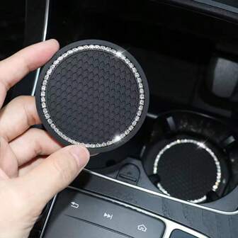 Universal Vehicle Bling Car Coaster, Crystal Rhinestone Coaster For Cup Holders, Car Interior Accessories 2.75'' Silicone Anti Slip Car Coasters For Women (Black)