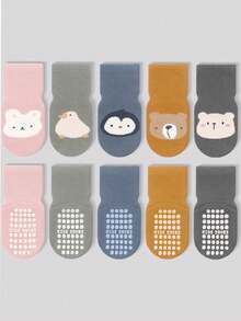 5 双混色卡通动物圆点橡胶底防滑保暖透气穿孔低帮袜子，儿童/婴儿，吸湿排汗，可拉伸 - 彩色 - 查看 2
