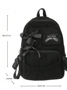 带蝴蝶结装饰的极简主义大容量背包，时尚灯芯绒户外旅行背包，青少年文学书包，女士或学生书包，非常适合书籍、购物、返校等，女性、女孩和学生的学校必备物品，与背包配件完美搭配，学院风学校背包，可爱的蝴蝶结背包返校必备品 - 黑色 - 查看 5