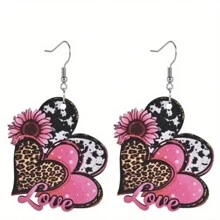 1 Pair Wooden Earrings - Unique Overlapping Leopard Print, Vibrant Pink Heart Sunflower, Geometric Drop Earrings With Elegant Charming Style - Perfect Holiday Party Gift For Couples, Friends, Or Family Members Valentines,Mom,Mother,Mother's Day,Gift