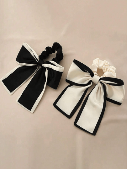 2pcs Women's Black & Beige Korean Style Satin Bow Hair Scrunchies Bun, Ponytail Holder, Fresh & Elegant Retro Hair Accessory For Daily UseHair Ties Scrunchy Hair Ties, Casual