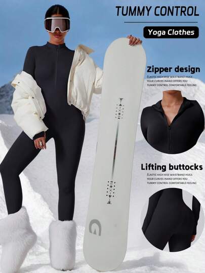 Sömlös dragkedja framtill för kvinnor, långärmad, varm yogajumpsuit, åtsittande träningsoverall för skidåkning