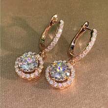 1 对时尚方晶锆石耳坠女士适合婚礼订婚周年派对珠宝情人节礼物 - 玫瑰金 - 查看 5