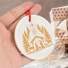 1 件金色耶稣降生场景陶瓷吊坠，可定制文字圣诞节和洗礼装饰，非常适合家庭和派对