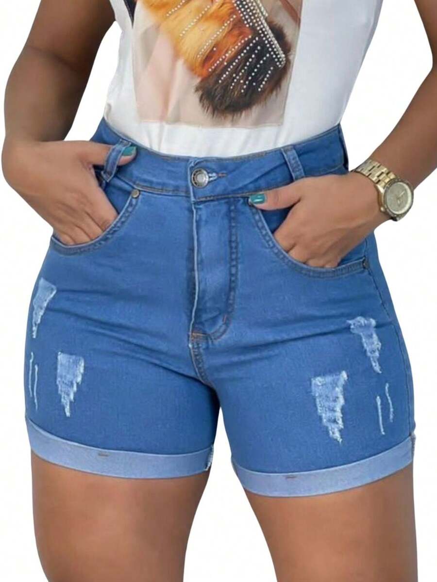 Women Denim Shorts - 中等水洗藍 - 查看 1