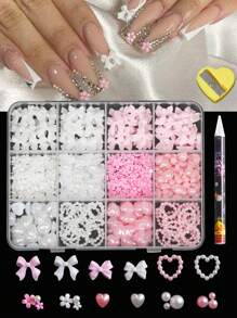 500PCS 3D Nail Decoration And Peace Bottom Pearl, A Variety Of Style Resin Bow Accessories Pink And White Star -Shaped Heart -Shaped Flat -Back Pearl Style Mixed, Used For Manual DIY Art Decoration - 彩色 - 查看 2
