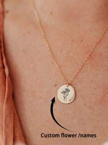 Custom Birth Flower Necklace, Engraved Name Necklace, Stainless Steel Round Pendant Dainty Floral Necklace, Handmade Jewelry,Personalized Gifts,Christmas Gifts Thanksgiving Gifts Valentine's Day Gifts Birthday Gift For Her - Gold - View 2