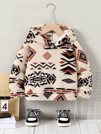 Young Boy Geometric Flocked Long Sleeve Thickened Fleece Hooded Sweatshirt, Casual Outdoor, Shopping, Suitable For Winter