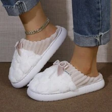 全新时尚舒适女士圆头一脚蹬蓬松内衬一脚蹬保暖厚底防滑家居休闲拖鞋 - 白色蝴蝶結 - 查看 4