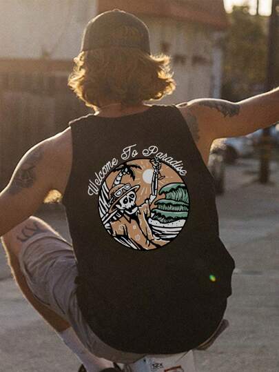 Men's Skull & Slogan Print Sleeveless Tank Top, Suitable For Fitness, Running, Training, Summer Sports Casual Wear, Opaque Fabric