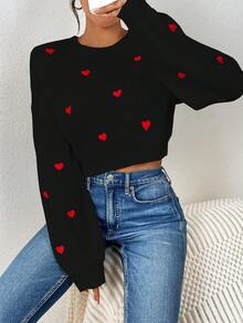 1 pieza Suéter de mujer con bordado de corazón dulce, suave y versátil de cuello redondo de manga larga, informal, para el Día de San Valentín - Negro - Ver 6