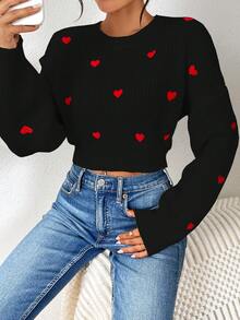 1 pieza Suéter de mujer con bordado de corazón dulce, suave y versátil de cuello redondo de manga larga, informal, para el Día de San Valentín - Negro - Ver 3