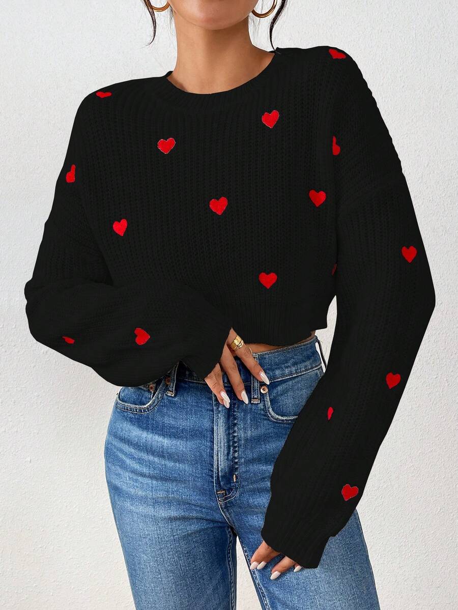 1 pieza Suéter de mujer con bordado de corazón dulce, suave y versátil de cuello redondo de manga larga, informal, para el Día de San Valentín - Negro - Ver 1