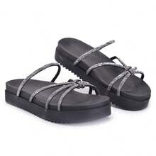 Flat Papete Flatform Women's Sandals Straps Rhinestones Shine Summer Launch - 黑色 - 查看 1