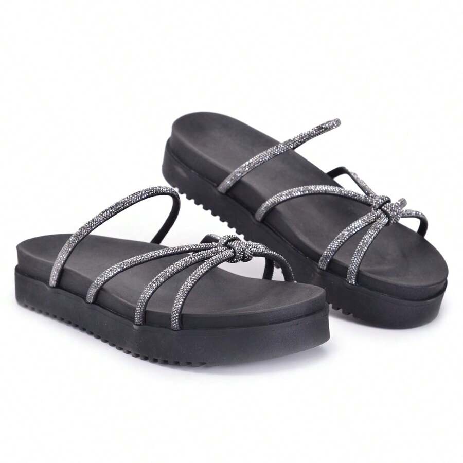 Flat Papete Flatform Women's Sandals Straps Rhinestones Shine Summer Launch - 黑色 - 查看 1