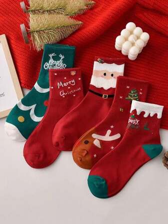 5 Pairs Women's Mid-Calf Socks, Red Christmas Socks For Couples, Random Colors, Autumn/Winter