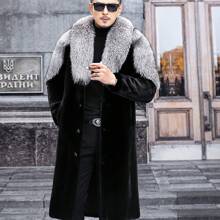 Casaco de pele sintética masculino, sobretudo longo e leve casual com gola grossa de pele de raposa prateada, design de marca de moda de luxo