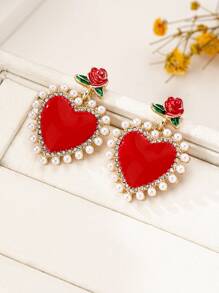 1 paire Boucles d'oreilles vintage romantiques avec perle en forme de rose et de cœur, clous d'oreilles de style français élégant haut de gamme