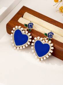 1 paire Boucles d'oreilles vintage romantiques avec perle en forme de rose et de cœur, clous d'oreilles de style français élégant haut de gamme