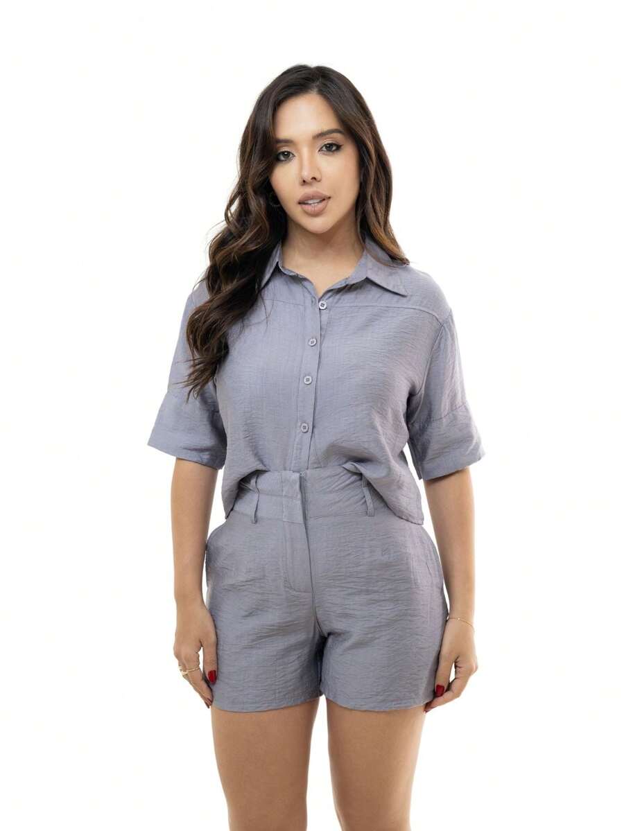 Women's Summer Set With Crepe Linen Shorts - Xám - Xem 1