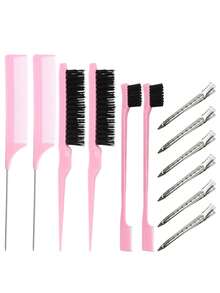 Bộ lược chải tóc, 12 món bao gồm lược chải tóc bằng nylon, lược chải viền tóc hai mặt, lược chải mượt, lược đuôi chuột & kẹp mỏ vịt (đen, hồng, tím) - Nhiều màu - Xem 1