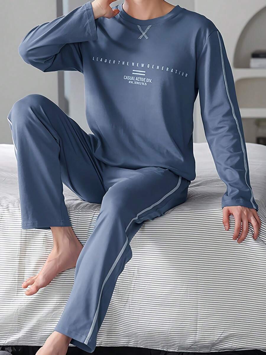 2 件男士舒适睡衣套装 - 时尚印花长袖圆领上衣和宽松裤子 - 适合春季、秋季和冬季户外休闲穿着 - 深灰色 - 查看 1