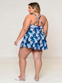 Plus Size Swimsuit With Built-In Padded Top And Blue Cover-Up - Màu xanh lam - Xem 6