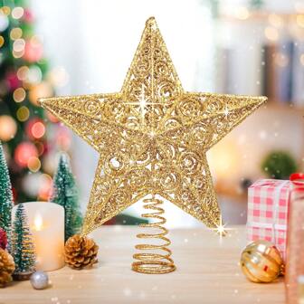 1pc 11.6 Inch Gold Flower Tree Topper Star, Tree Topper For Decoration, Gold/Silver Tree Topper For Tree Decoration Best Gifts Birthday Home Decor Christmas Decorations Room Decor Christmas Winter