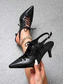 Giày sandal cao gót mũi nhọn buộc dây dành cho nữ, giày cao gót khoét lỗ, giày bít mũi nhọn đa năng, thích hợp cho lễ tình nhân, thanh lịch, gót thấp, dự tiệc. - màu đen - Xem 5