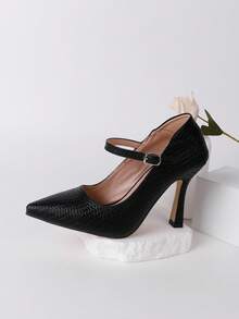 Women's New Mary Jane High Heels, Minimalist Pointed Toe With Ankle Strap, Black Woven Texture, For Office Wear - Black - View 8