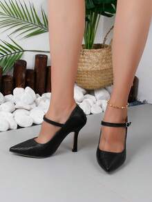 Women's New Mary Jane High Heels, Minimalist Pointed Toe With Ankle Strap, Black Woven Texture, For Office Wear - Black - View 3