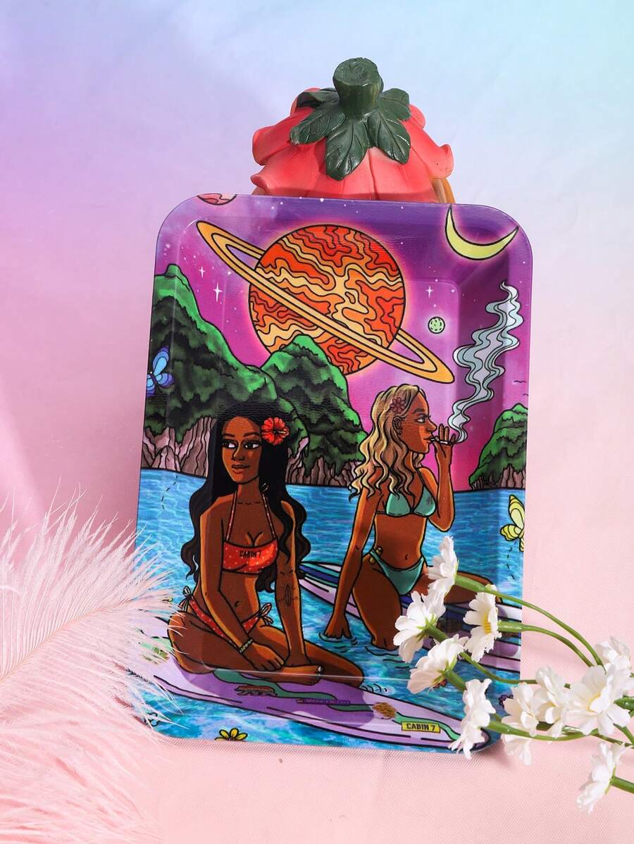 1pc Painted Surfing Girls Hanging Out Design, Beauty Series Square Plate, Cigarette Holder Tray, Smoking Accessories, Lightweight & Compact Personal Tool And Gift - Multicolor - View 1