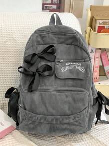 简约大容量背包带蝴蝶结装饰，时尚灯芯绒旅行包 - 灰色 - 查看 4
