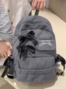 简约大容量背包带蝴蝶结装饰，时尚灯芯绒旅行包 - 灰色 - 查看 2