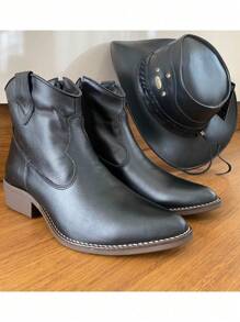 Women's Leather Boot Mid-Calf Boot And Gift Hat - 黑色 - 查看 2