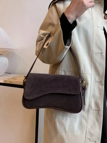 1 件绒面革拼布 PU 纯色单肩斜挎包，磁扣设计，时尚复古法棍风格，适合女士和女孩，工作、通勤、郊游、度假，可作为情人节、生日、约会的礼物 - 鏽棕色 - 查看 9