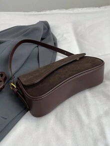 1 件绒面革拼布 PU 纯色单肩斜挎包，磁扣设计，时尚复古法棍风格，适合女士和女孩，工作、通勤、郊游、度假，可作为情人节、生日、约会的礼物 - 鏽棕色 - 查看 4