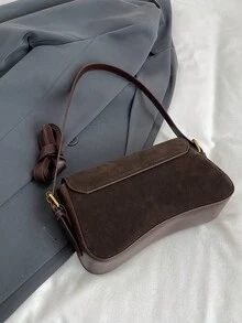 1 件绒面革拼布 PU 纯色单肩斜挎包，磁扣设计，时尚复古法棍风格，适合女士和女孩，工作、通勤、郊游、度假，可作为情人节、生日、约会的礼物 - 鏽棕色 - 查看 5