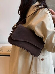 1 件绒面革拼布 PU 纯色单肩斜挎包，磁扣设计，时尚复古法棍风格，适合女士和女孩，工作、通勤、郊游、度假，可作为情人节、生日、约会的礼物 - 鏽棕色 - 查看 8