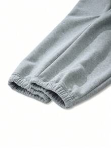 Men Autumn Solid Color Drop Shoulder Long Sleeve Drawstring Hoodie And Sweatpants Casual Loose Set - Grey - View 9